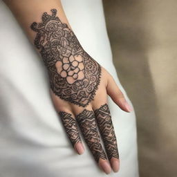 A highly detailed, intricately designed henna pattern