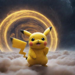 Pikachu, a bright yellow, electric Pokemon, standing amidst the surrealistic swirling storms of planet Jupiter with a backdrop of the mesmerizing cosmos.