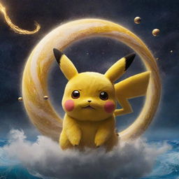 Pikachu, a bright yellow, electric Pokemon, standing amidst the surrealistic swirling storms of planet Jupiter with a backdrop of the mesmerizing cosmos.