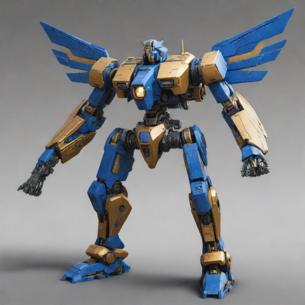 Create an image of a mech inspired by the provided ship image, maintaining key attributes like its blue and gold colors and the style of the wings.