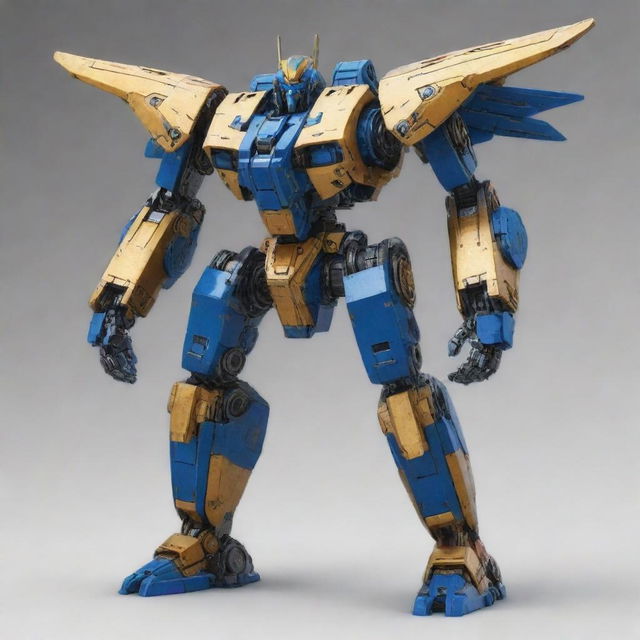 Create an image of a mech inspired by the provided ship image, maintaining key attributes like its blue and gold colors and the style of the wings.