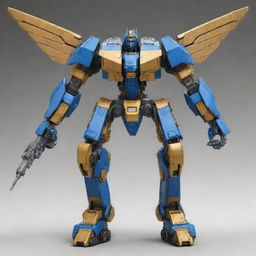 Create an image of a mech inspired by the provided ship image, maintaining key attributes like its blue and gold colors and the style of the wings.