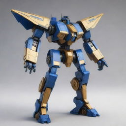 Create an image of a mech inspired by the provided ship image, maintaining key attributes like its blue and gold colors and the style of the wings.