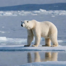 A majestic polar bear camouflaged in a glistening landscape of ice, attentively preparing to catch sea dogs.