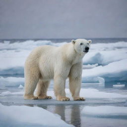 A majestic polar bear camouflaged in a glistening landscape of ice, attentively preparing to catch sea dogs.