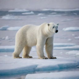 A majestic polar bear camouflaged in a glistening landscape of ice, attentively preparing to catch sea dogs.