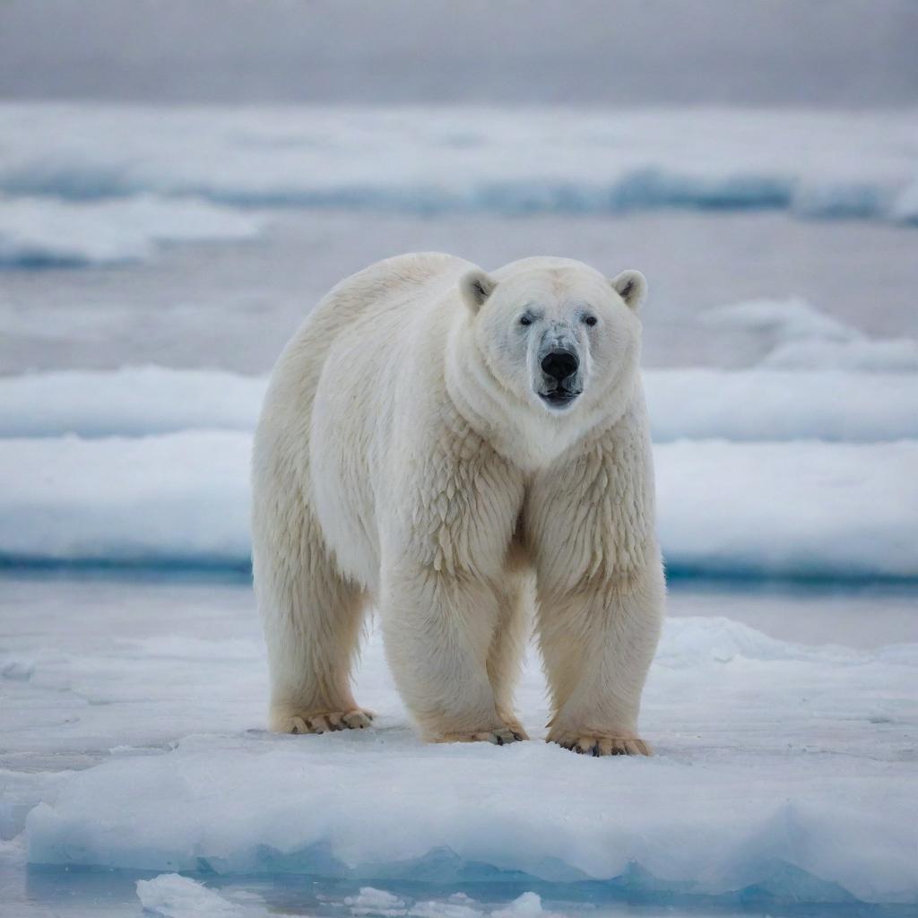 A majestic polar bear camouflaged in a glistening landscape of ice, attentively preparing to catch sea dogs.