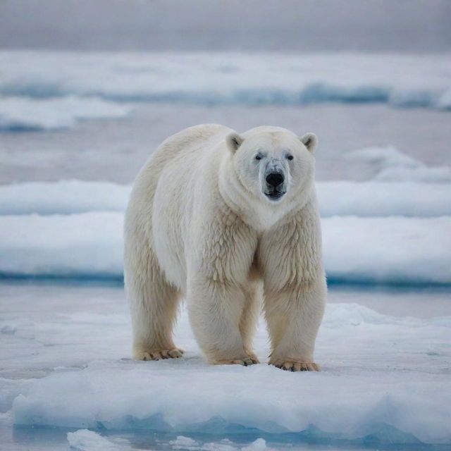 A majestic polar bear camouflaged in a glistening landscape of ice, attentively preparing to catch sea dogs.