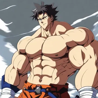 The main character in the anime series is depicted as a strapping hero with bulging muscles.