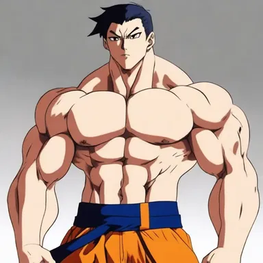 The main character in the anime series is depicted as a strapping hero with bulging muscles.