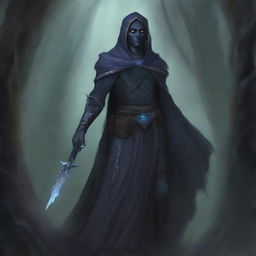 This image depicts a half-elf Drow Warlock, clad in mystical robes, masterfully wielding a glaive