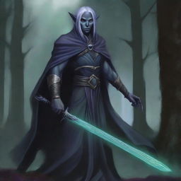 This image depicts a half-elf Drow Warlock, clad in mystical robes, masterfully wielding a glaive