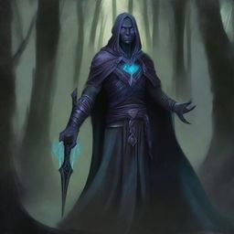 This image depicts a half-elf Drow Warlock, clad in mystical robes, masterfully wielding a glaive