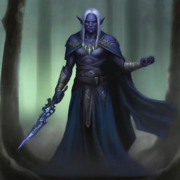 This image depicts a half-elf Drow Warlock, clad in mystical robes, masterfully wielding a glaive