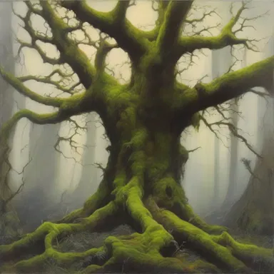 The artist painted a beautiful saprophytic scene, with moss-covered trees and decaying vegetation.
