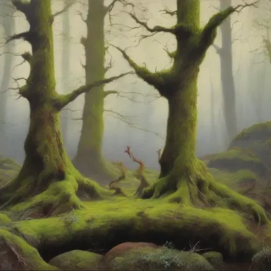 The artist painted a beautiful saprophytic scene, with moss-covered trees and decaying vegetation.