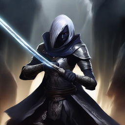 This image portrays a Drow, skilled in the art of warfare, confidently wielding a polearm