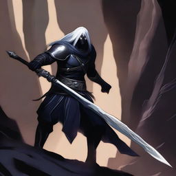 This image portrays a Drow, skilled in the art of warfare, confidently wielding a polearm