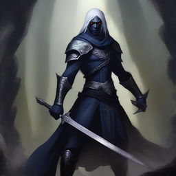 This image portrays a Drow, skilled in the art of warfare, confidently wielding a polearm