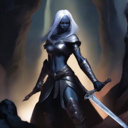 This image portrays a Drow, skilled in the art of warfare, confidently wielding a polearm