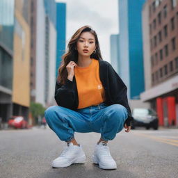 An Asian model striking a pose in trendy streetwear against a backdrop of a vibrant cityscape.