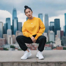 An Asian model striking a pose in trendy streetwear against a backdrop of a vibrant cityscape.