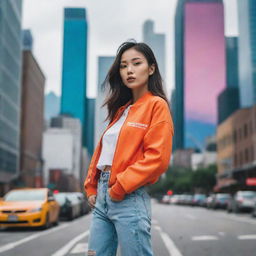 An Asian model striking a pose in trendy streetwear against a backdrop of a vibrant cityscape.