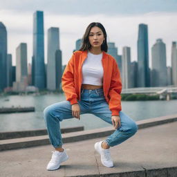 An Asian model striking a pose in trendy streetwear against a backdrop of a vibrant cityscape.