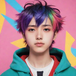 Generate a unique image of anime-style boys with colorful and vibrant aesthetics.