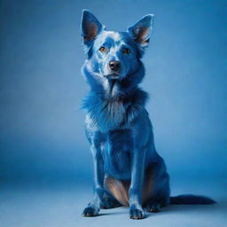 A unique, vibrant blue dog with shiny fur, standing alertly against a contrasting background.