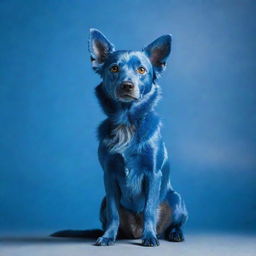 A unique, vibrant blue dog with shiny fur, standing alertly against a contrasting background.