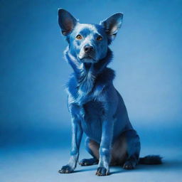 A unique, vibrant blue dog with shiny fur, standing alertly against a contrasting background.