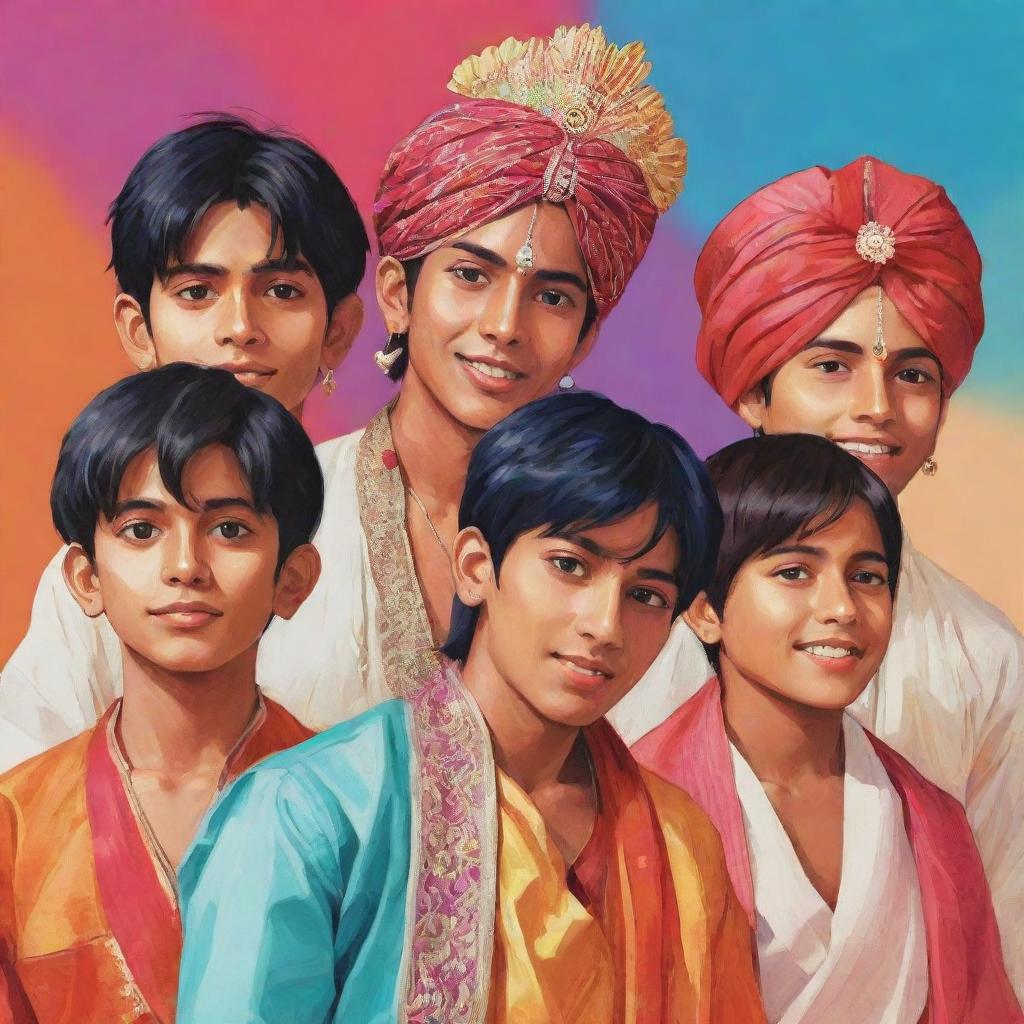 Anime style illustration of Indian boys in traditional attire highlighted with vibrant colors