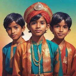 Anime style illustration of Indian boys in traditional attire highlighted with vibrant colors