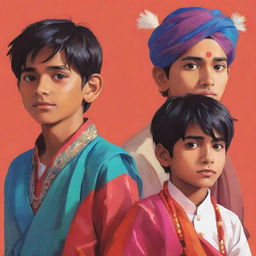 Anime style illustration of Indian boys in traditional attire highlighted with vibrant colors