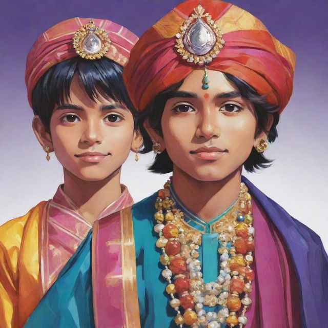 Anime style illustration of Indian boys in traditional attire highlighted with vibrant colors