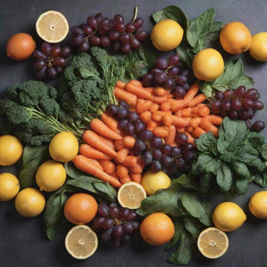 A vibrant image featuring carrots, lemons, grapes, and spinach arranged in an aesthetically pleasing manner.