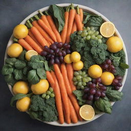 A vibrant image featuring carrots, lemons, grapes, and spinach arranged in an aesthetically pleasing manner.