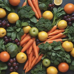 A vibrant image featuring carrots, lemons, grapes, and spinach arranged in an aesthetically pleasing manner.