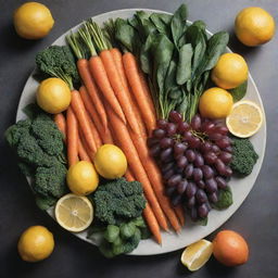 A vibrant image featuring carrots, lemons, grapes, and spinach arranged in an aesthetically pleasing manner.