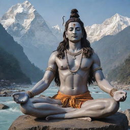 A majestic and serene depiction of Lord Shiva, resplendent in traditional attire, meditating amidst the Himalayas, with the holy Ganges flowing from his matted locks.