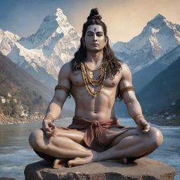 A majestic and serene depiction of Lord Shiva, resplendent in traditional attire, meditating amidst the Himalayas, with the holy Ganges flowing from his matted locks.