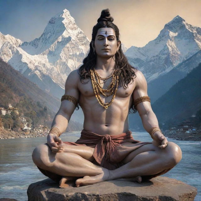 A majestic and serene depiction of Lord Shiva, resplendent in traditional attire, meditating amidst the Himalayas, with the holy Ganges flowing from his matted locks.