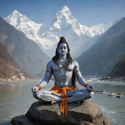 A majestic and serene depiction of Lord Shiva, resplendent in traditional attire, meditating amidst the Himalayas, with the holy Ganges flowing from his matted locks.