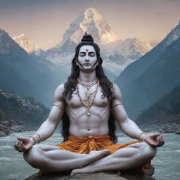 A majestic and serene depiction of Lord Shiva, resplendent in traditional attire, meditating amidst the Himalayas, with the holy Ganges flowing from his matted locks.