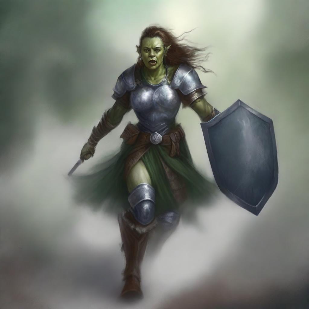 A high-quality digital art showcases a female half-elf druid, adorned in gleaming plate armour, holding a sturdy shield