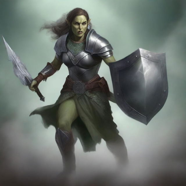 A high-quality digital art showcases a female half-elf druid, adorned in gleaming plate armour, holding a sturdy shield