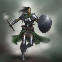 A high-quality digital art showcases a female half-elf druid, adorned in gleaming plate armour, holding a sturdy shield