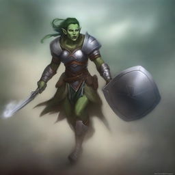 A high-quality digital art showcases a female half-elf druid, adorned in gleaming plate armour, holding a sturdy shield