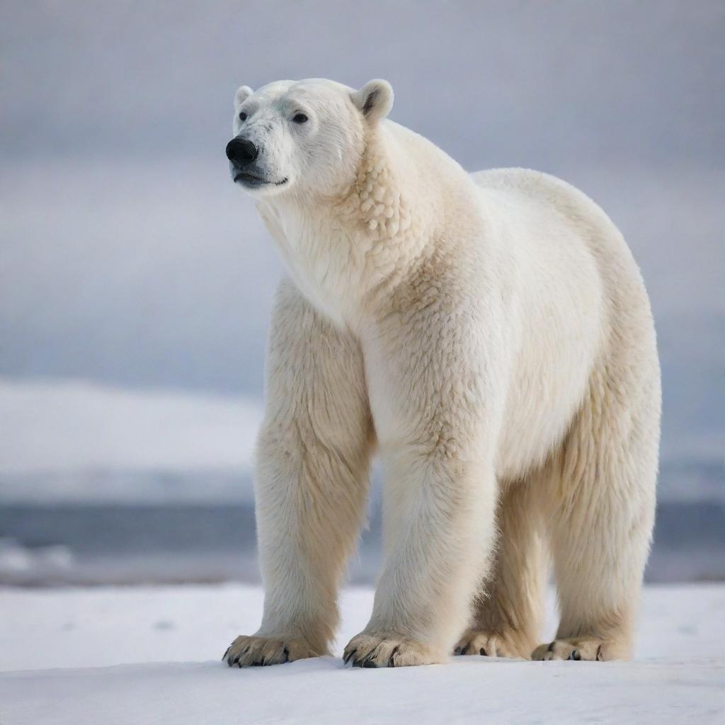 A majestic, mighty polar bear standing amidst a snowy landscape, showcasing its impressive size and detailed white fur.